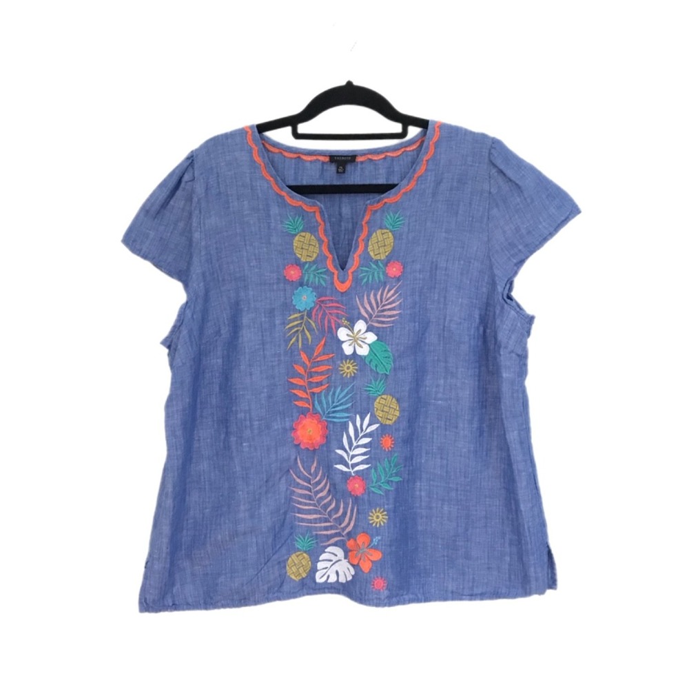 Talbots Blue Chambray Embroidered Tropical Blouse Pineapple Tunic Top Size XL